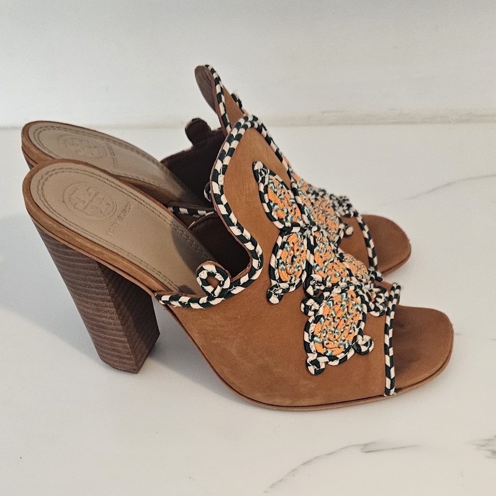 Tory Burch Palisade Embroidered Brown Mule Heels - Picture 8 of 9